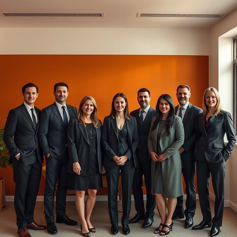 Portret de echipă StrategyStudio într-un birou din Sibiu cu tonuri de charcoal și auriu